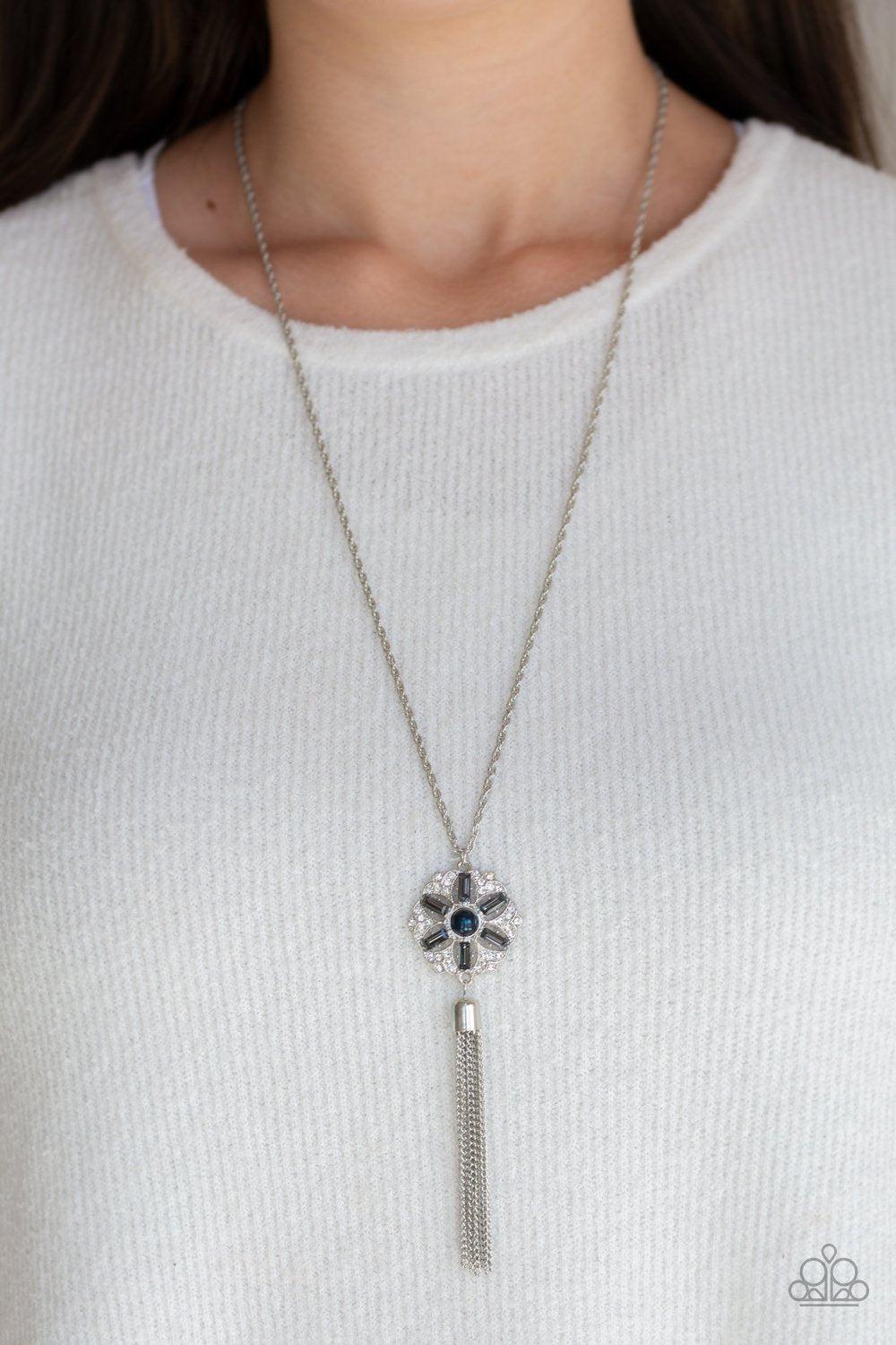 Fine Florals Blue Pearl and Silver Rhinestone Flower Necklace - Paparazzi Accessories - model -CarasShop.com - $5 Jewelry by Cara Jewels