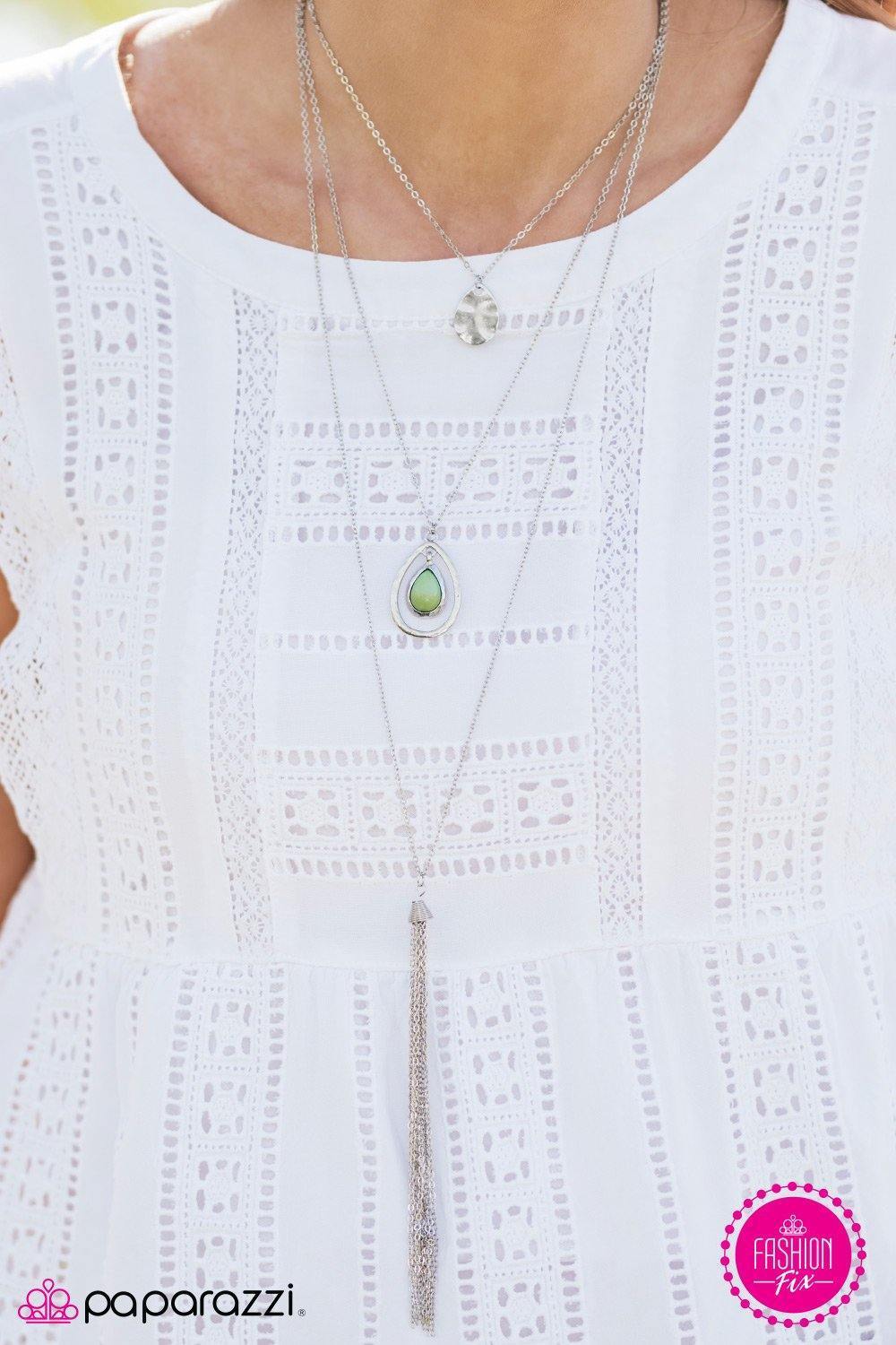 Fire and Rain Green and Silver Tassel Necklace - Paparazzi Accessories - model -CarasShop.com - $5 Jewelry by Cara Jewels