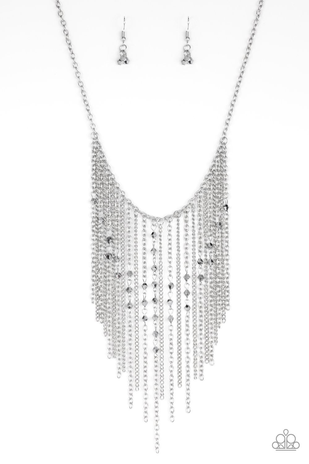 First Class Fringe Silver Necklace and matching Earrings - Paparazzi Accessories-CarasShop.com - $5 Jewelry by Cara Jewels