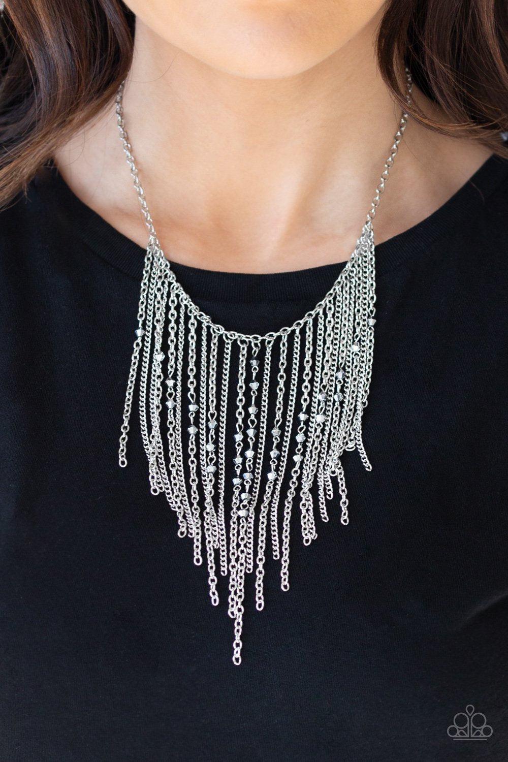 First Class Fringe Silver Necklace and matching Earrings - Paparazzi Accessories-CarasShop.com - $5 Jewelry by Cara Jewels