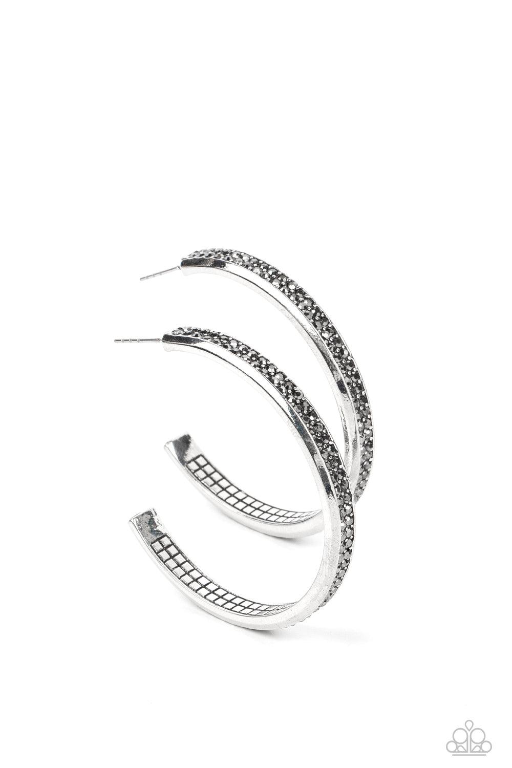 Flash Freeze Silver Hematite Rhinestone Hoop Earrings - Paparazzi Accessories- lightbox - CarasShop.com - $5 Jewelry by Cara Jewels
