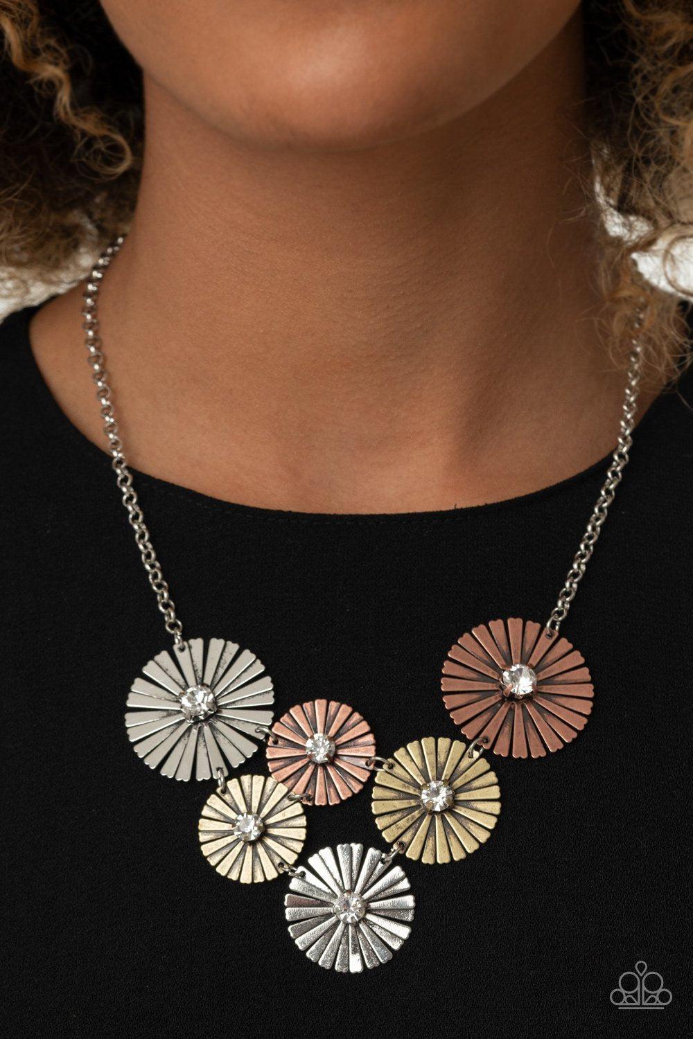 Flauntable Fanfare Multi Silver Copper and Brass Necklace - Paparazzi Accessories Spring Exclusive 2021- model - CarasShop.com - $5 Jewelry by Cara Jewels