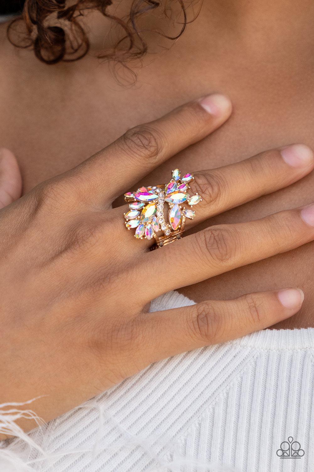 Flauntable Flare Gold and Iridescent Rhinestone Ring - Paparazzi Accessories- on model - CarasShop.com - $5 Jewelry by Cara Jewels