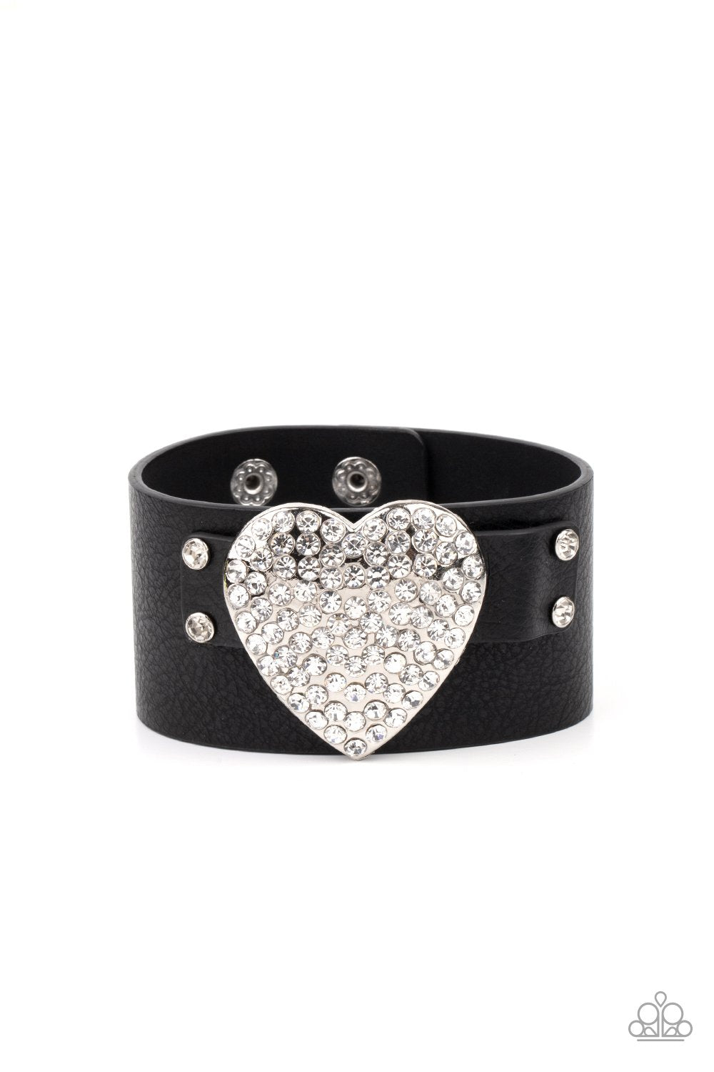 Flauntable Flirt Black Leather and White Rhinestone Heart Wrap Snap Bracelet - Paparazzi Accessories LOTP Exclusive July 2021- lightbox - CarasShop.com - $5 Jewelry by Cara Jewels