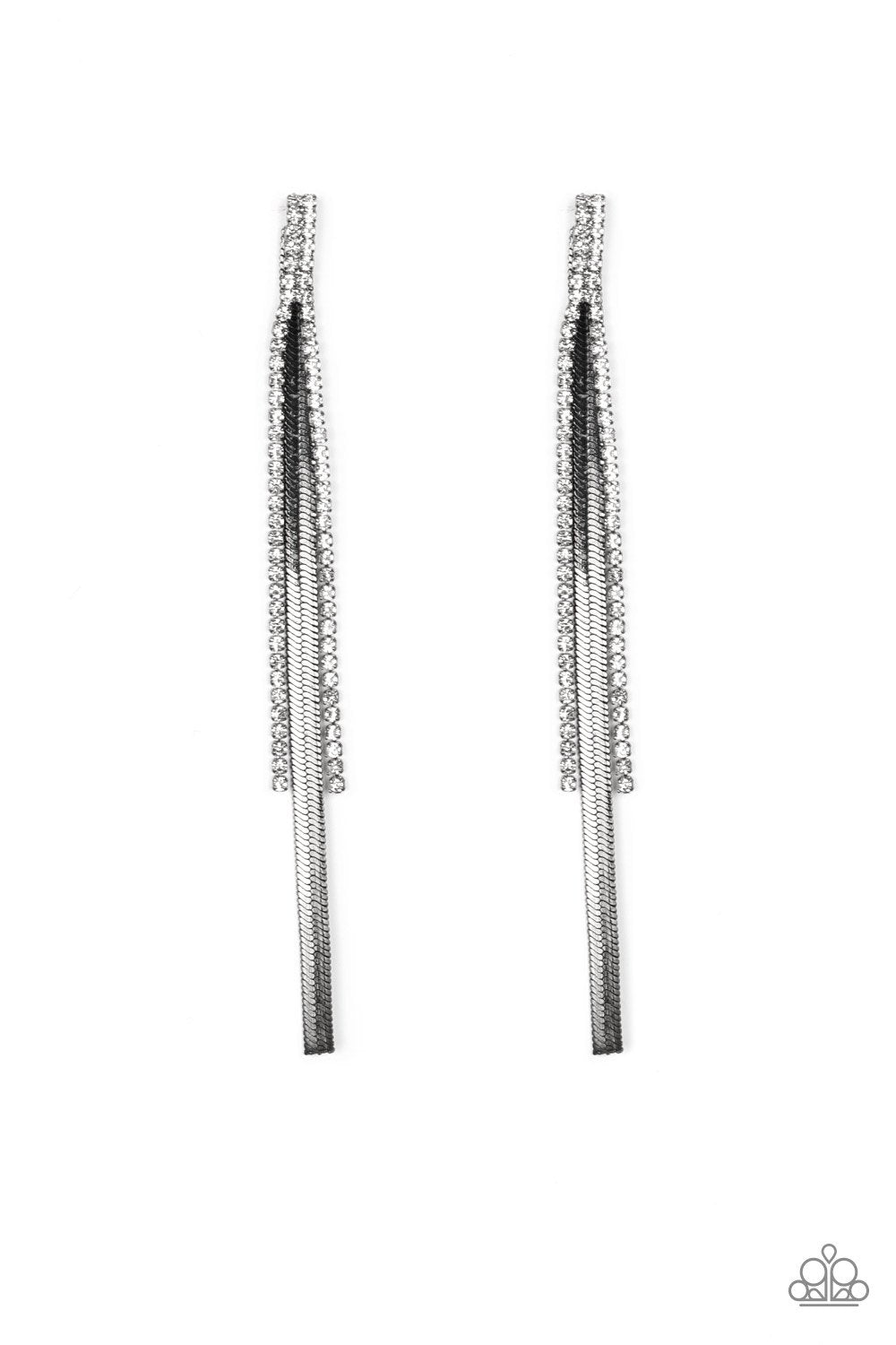 Flavor of the SLEEK Black Gunmetal and White Rhinestone Chain Earrings - Paparazzi Accessories-CarasShop.com - $5 Jewelry by Cara Jewels