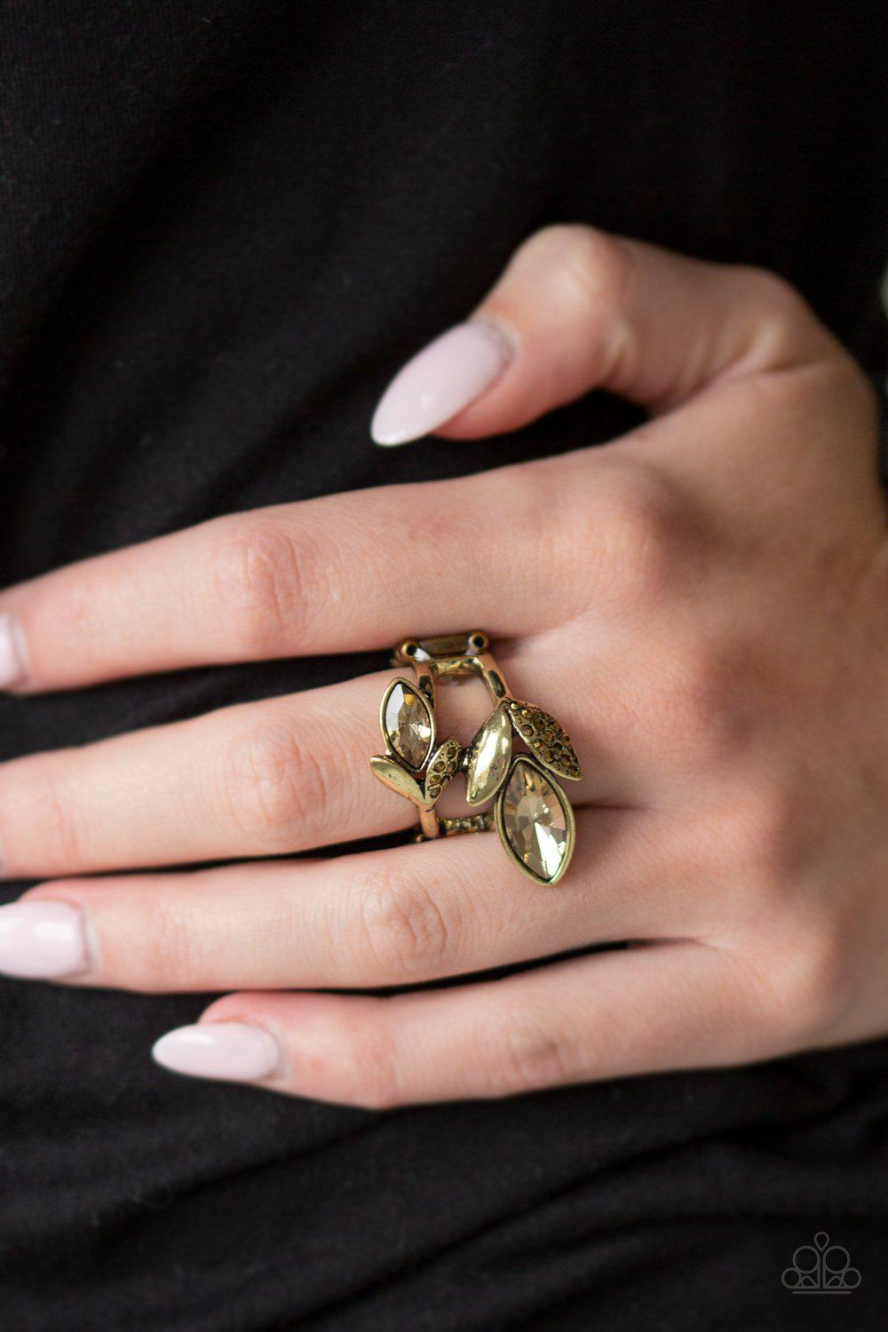 Flawless Foliage Brass Rhinestone Ring - Paparazzi Accessories - model -CarasShop.com - $5 Jewelry by Cara Jewels