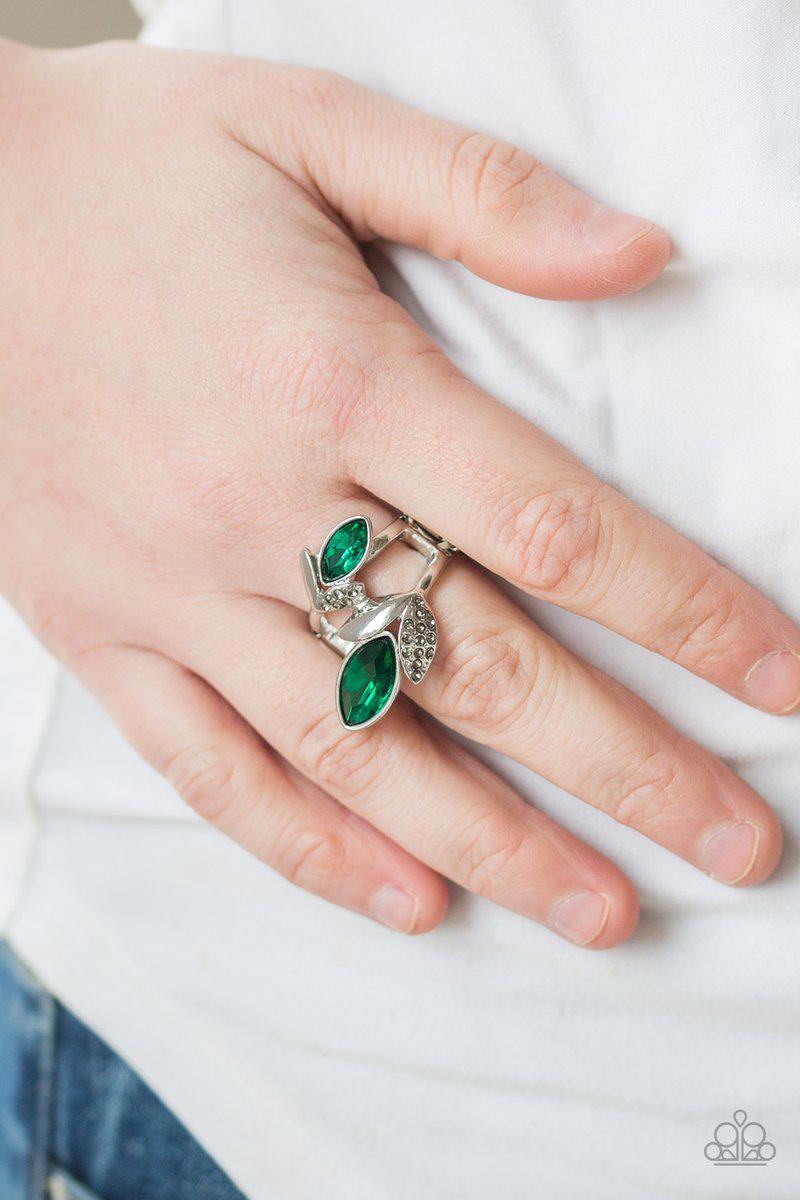 Flawless Foliage Green Rhinestone Ring - Paparazzi Accessories-CarasShop.com - $5 Jewelry by Cara Jewels