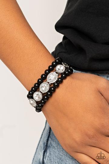 Flawlessly Flattering Black Pearl and White Rhinestone Bracelet Set - Paparazzi Accessories - model -CarasShop.com - $5 Jewelry by Cara Jewels