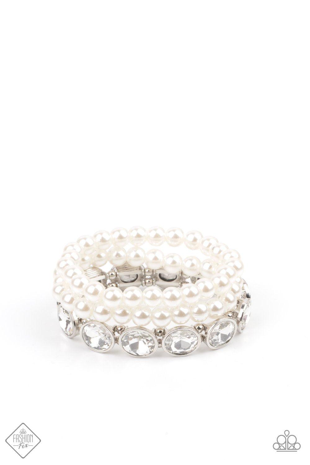 Flawlessly Flattering White Pearl and Rhinestone Stretch Bracelet Set - Paparazzi Accessories - lightbox -CarasShop.com - $5 Jewelry by Cara Jewels