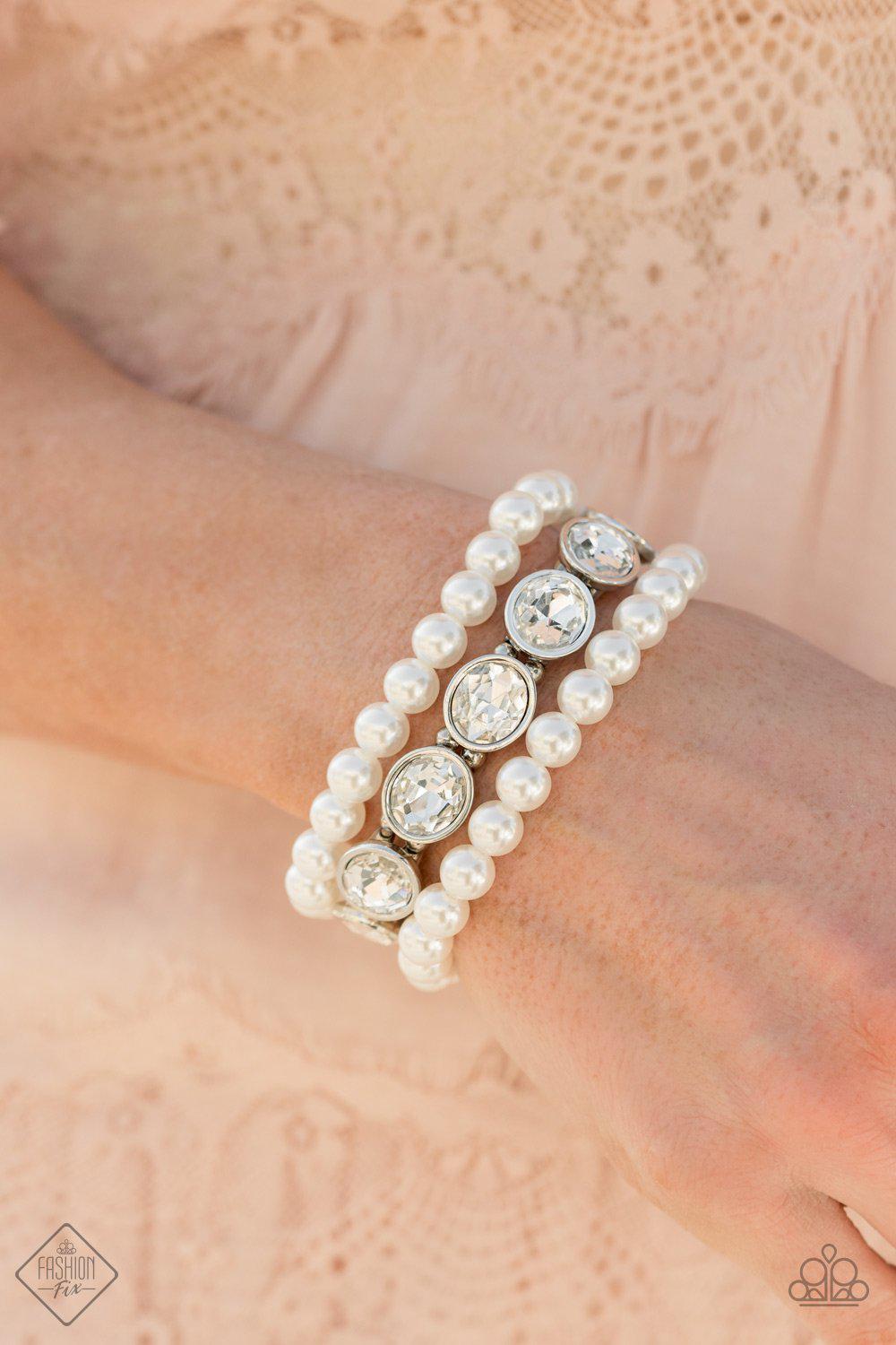 Flawlessly Flattering White Pearl and Rhinestone Stretch Bracelet Set - Paparazzi Accessories - model -CarasShop.com - $5 Jewelry by Cara Jewels