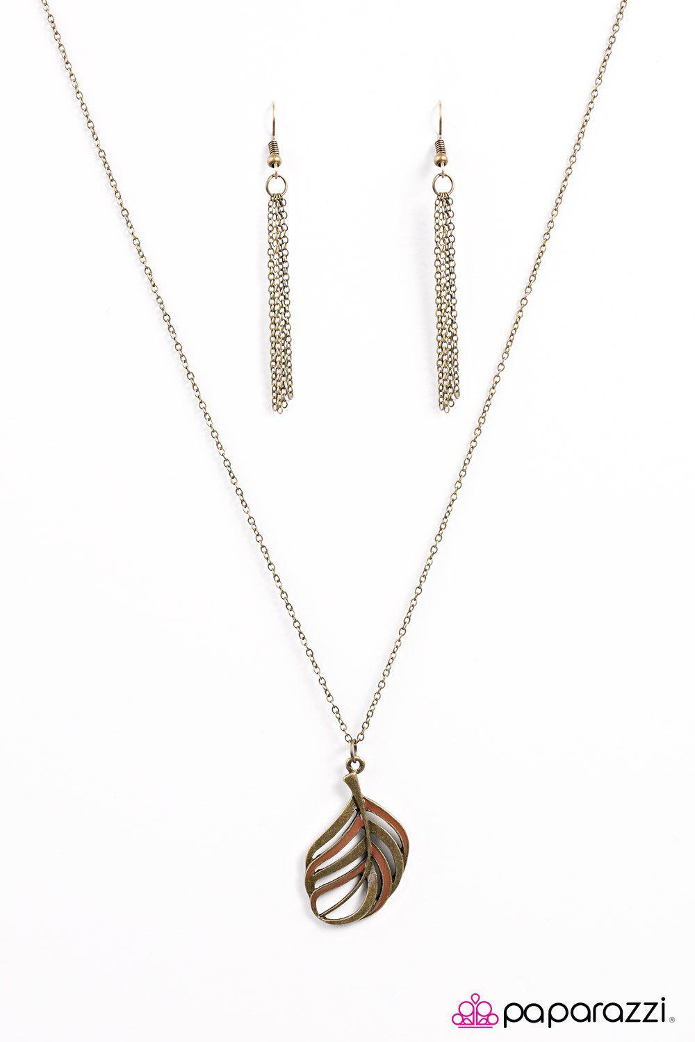 Flight Of A Lifetime Brass Feather Necklace - Paparazzi Accessories-CarasShop.com - $5 Jewelry by Cara Jewels