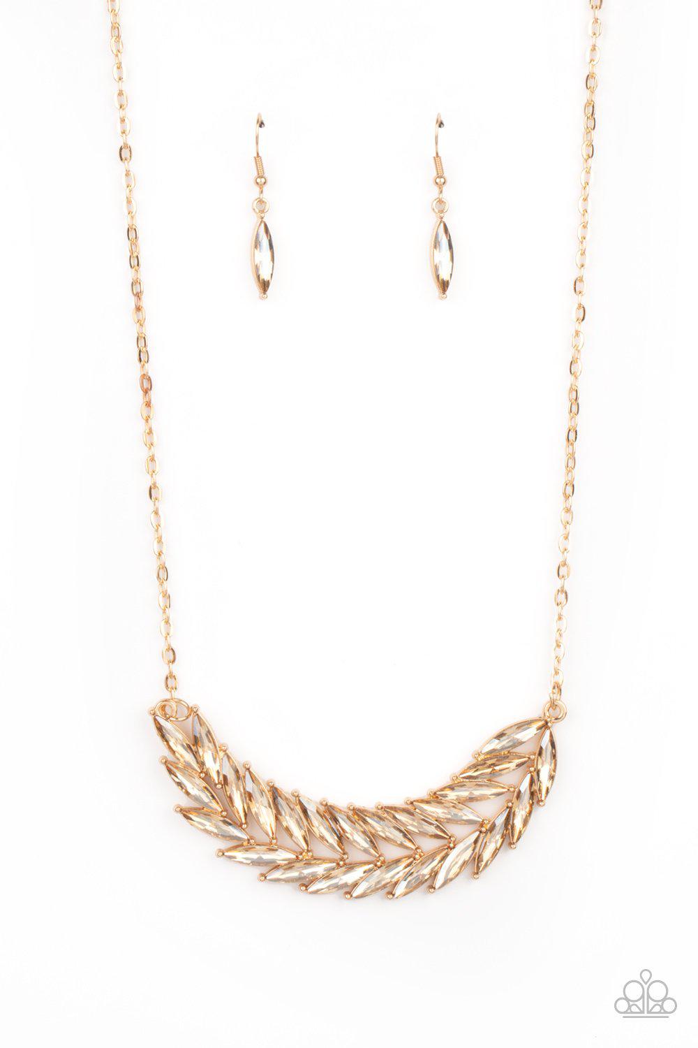 Flight of FANCINESS Gold Rhinestone Feather Necklace - Paparazzi Accessories- lightbox - CarasShop.com - $5 Jewelry by Cara Jewels