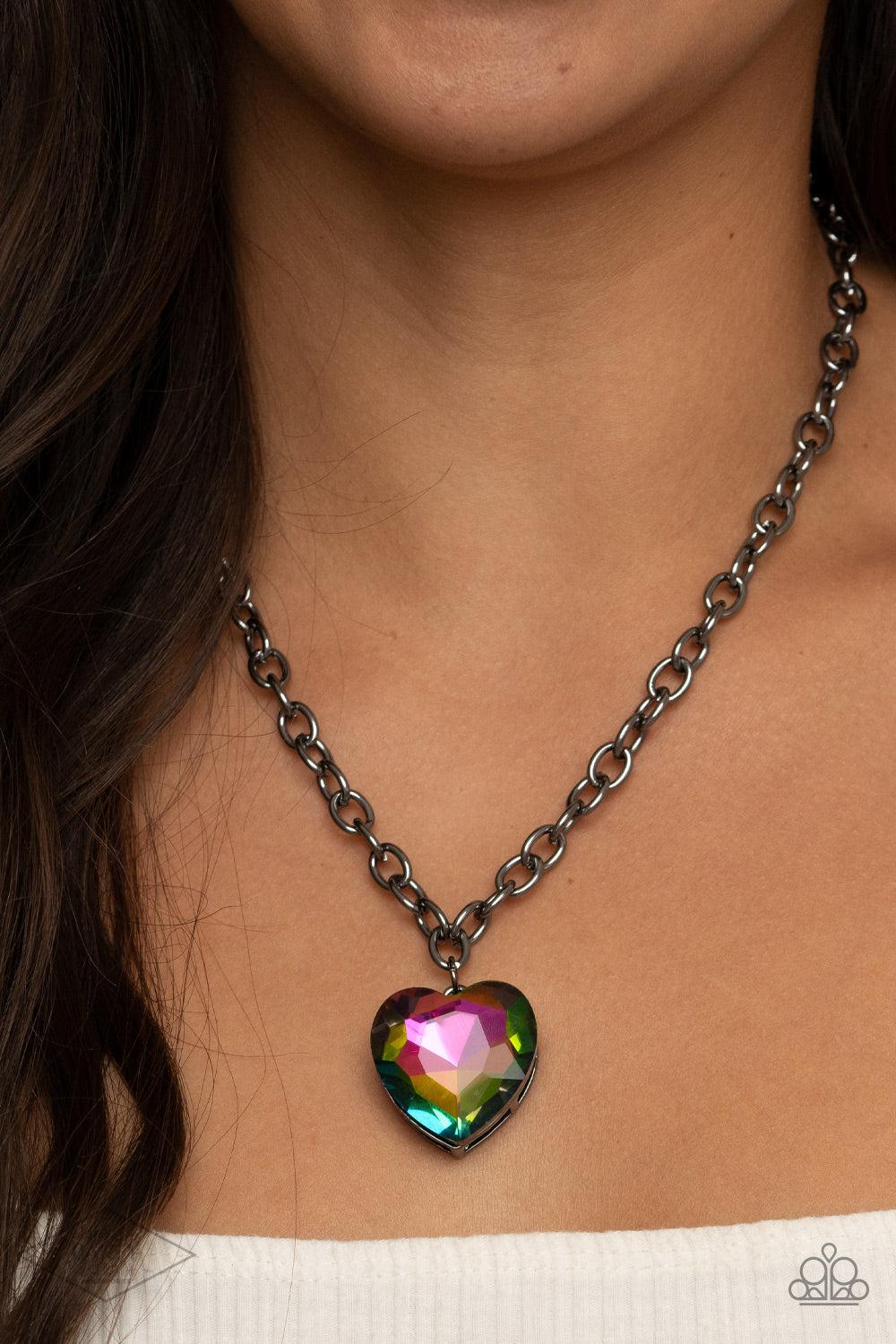 Flirtatiously Flashy Multi Oil Spill Rhinestone Heart Necklace - Paparazzi Accessories-on model - CarasShop.com - $5 Jewelry by Cara Jewels