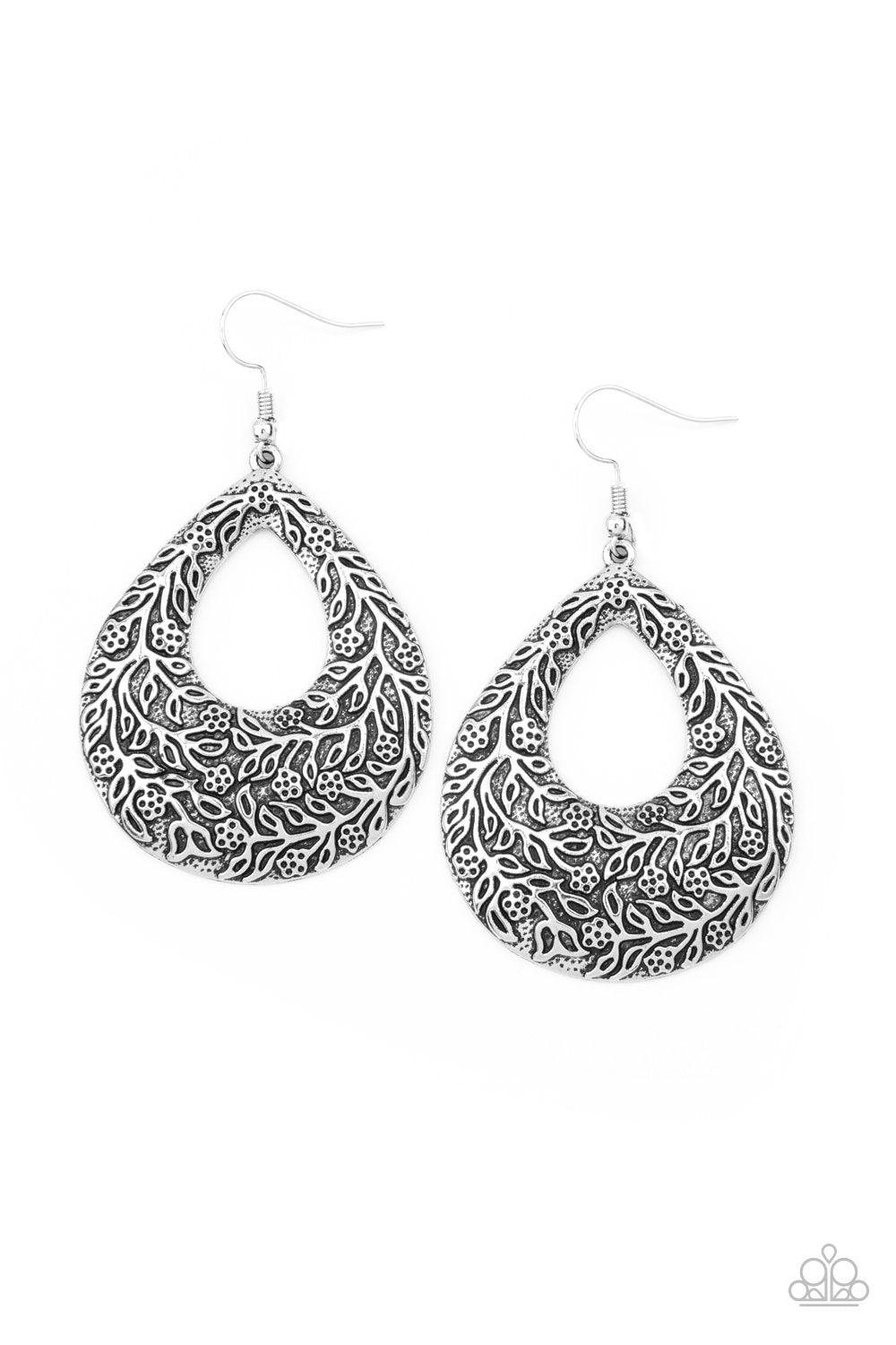 Flirtatiously Flourishing Silver Teardrop Earrings - Paparazzi Accessories- lightbox - CarasShop.com - $5 Jewelry by Cara Jewels