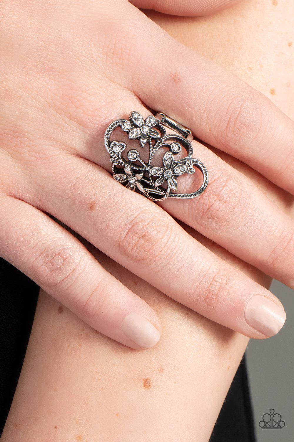 Flirtatiously Flowering White Ring - Paparazzi Accessories-on model - CarasShop.com - $5 Jewelry by Cara Jewels