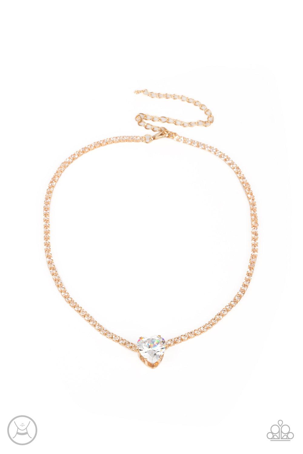 Flirty Fiance Gold &amp; White Rhinestone Heart Choker Necklace - Paparazzi Accessories- lightbox - CarasShop.com - $5 Jewelry by Cara Jewels