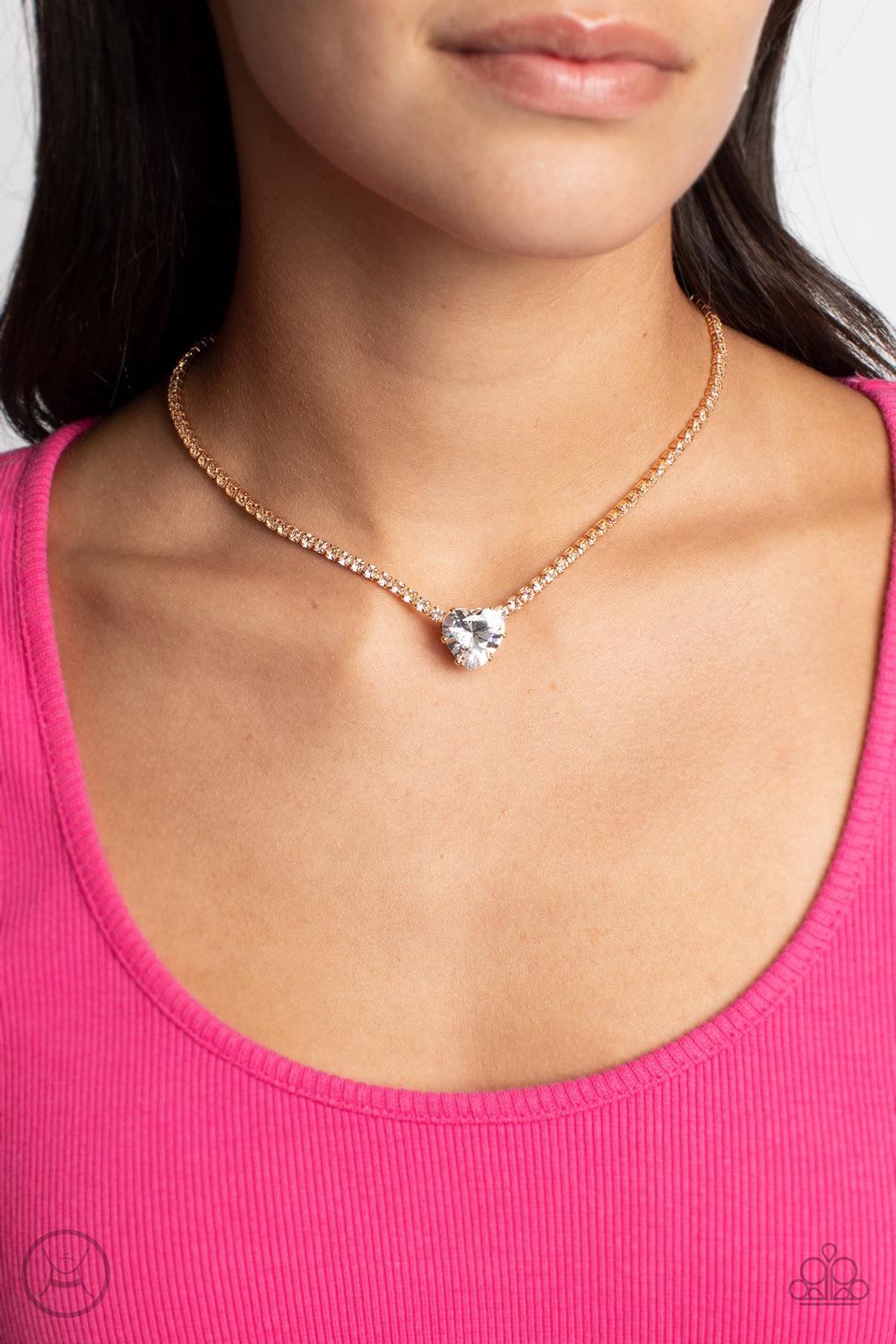 Flirty Fiance Gold &amp; White Rhinestone Heart Choker Necklace - Paparazzi Accessories-on model - CarasShop.com - $5 Jewelry by Cara Jewels