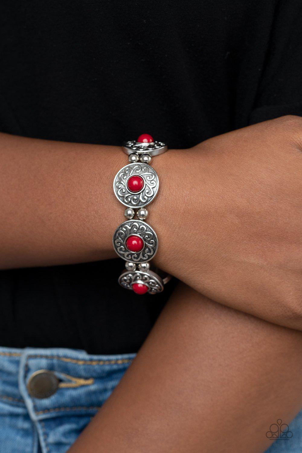 Flirty Finery Red and Silver Bracelet - Paparazzi Accessories - model -CarasShop.com - $5 Jewelry by Cara Jewels
