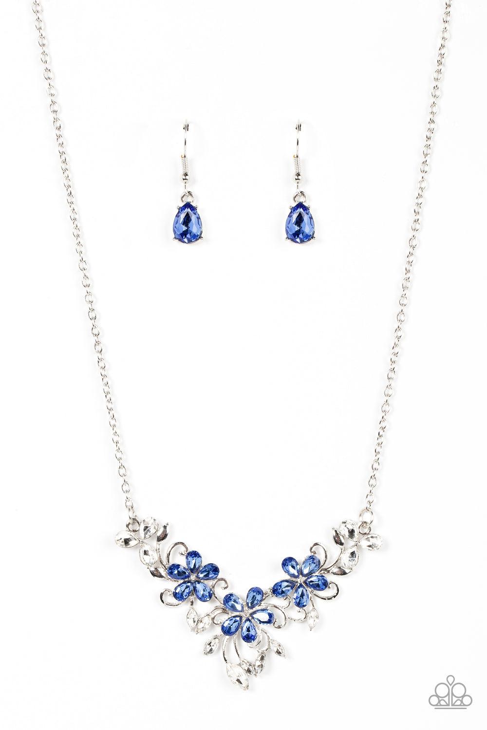 Floral Fashion Show Blue Rhinestone Flower Necklace - Paparazzi Accessories- lightbox - CarasShop.com - $5 Jewelry by Cara Jewels