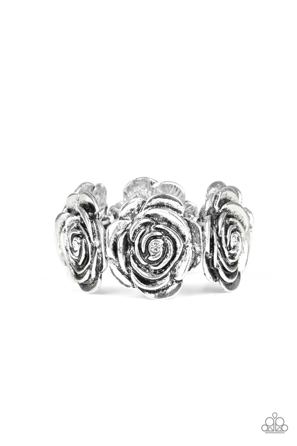 Floral Flamboyancy White and Silver Rose Stretch Bracelet - Paparazzi Accessories-CarasShop.com - $5 Jewelry by Cara Jewels