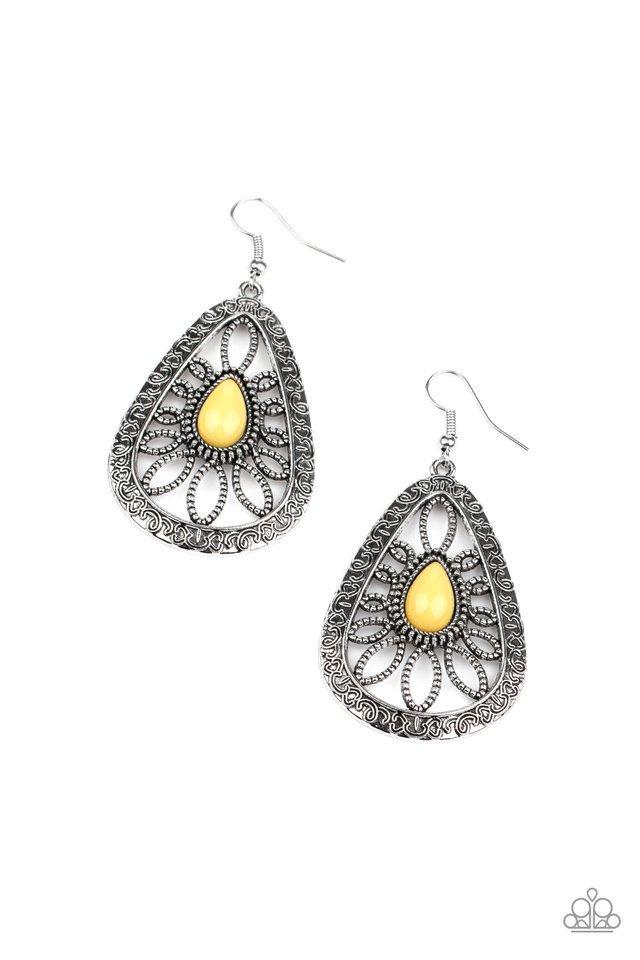Floral Frill Yellow and Silver Earrings - Paparazzi Accessories- lightbox - CarasShop.com - $5 Jewelry by Cara Jewels
