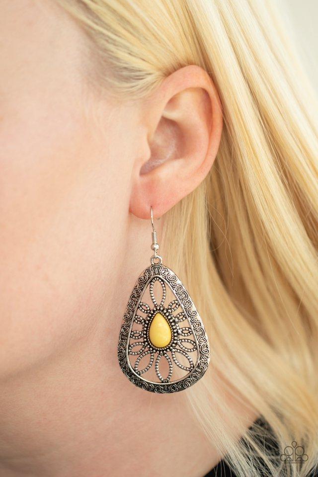 Floral Frill Yellow and Silver Earrings - Paparazzi Accessories- model - CarasShop.com - $5 Jewelry by Cara Jewels