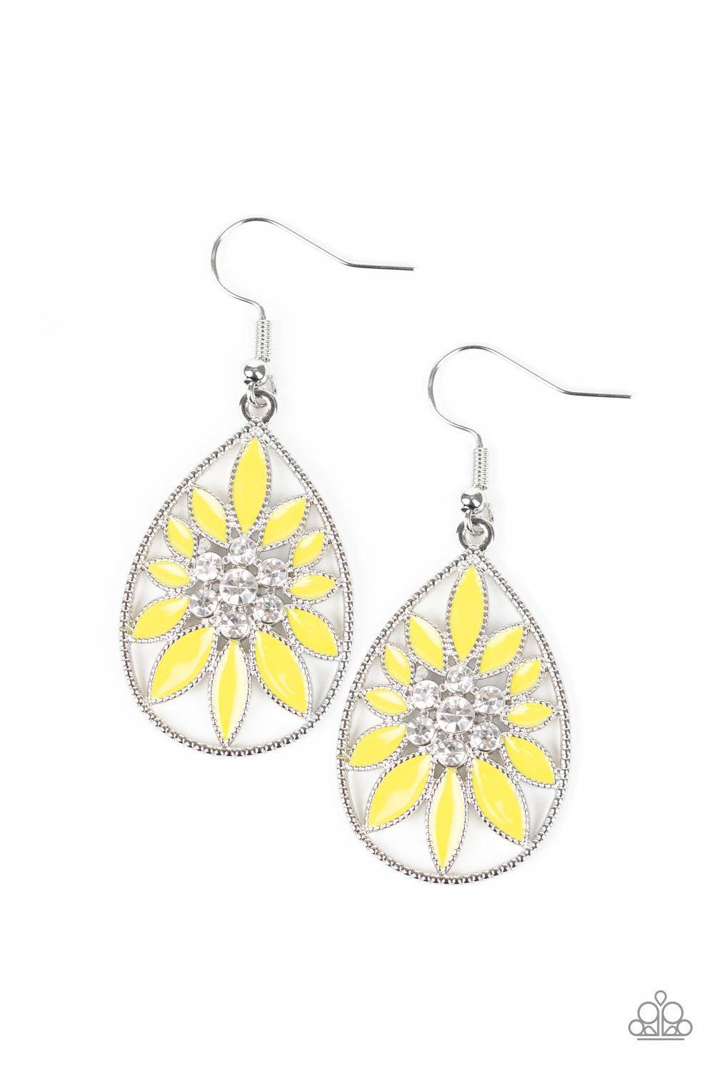 Floral Morals Yellow and Silver Flower Teardrop Earrings - Paparazzi Accessories-CarasShop.com - $5 Jewelry by Cara Jewels