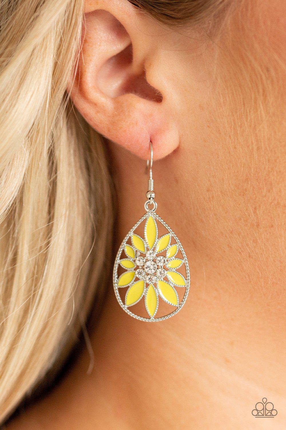 Floral Morals Yellow and Silver Flower Teardrop Earrings - Paparazzi Accessories-CarasShop.com - $5 Jewelry by Cara Jewels