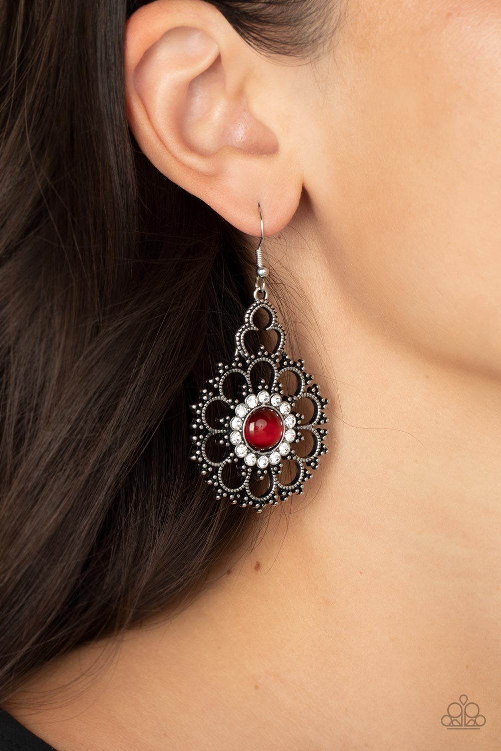 Floral Renaissance Red Cat&#39;s Eye Stone Earrings - Paparazzi Accessories-on model - CarasShop.com - $5 Jewelry by Cara Jewels