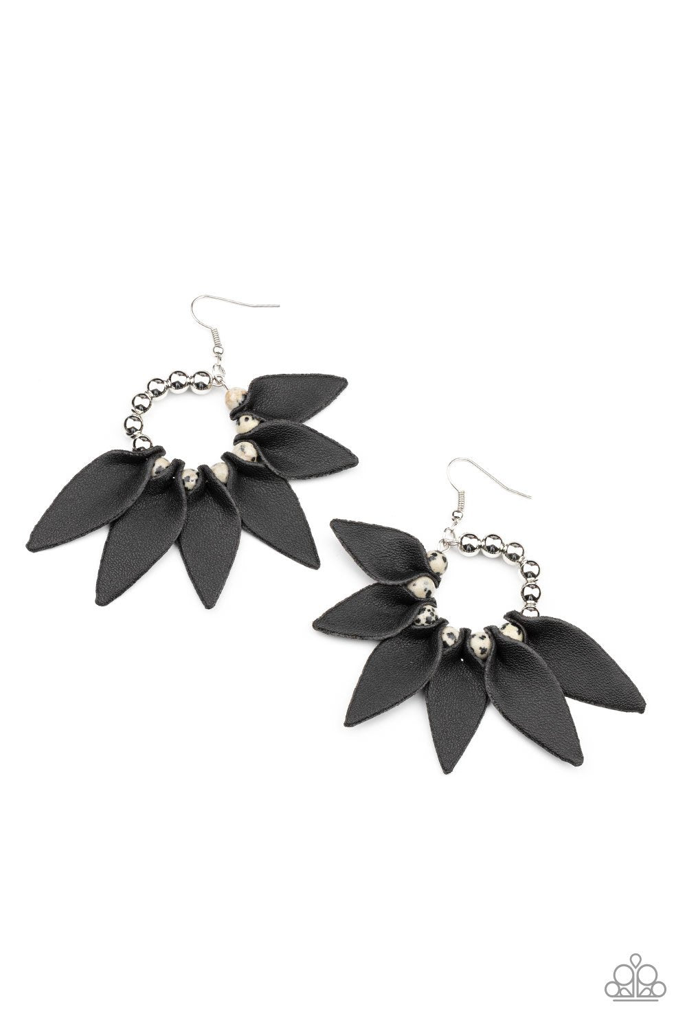 Flower Child Fever Black Leather Earrings - Paparazzi Accessories- lightbox - CarasShop.com - $5 Jewelry by Cara Jewels