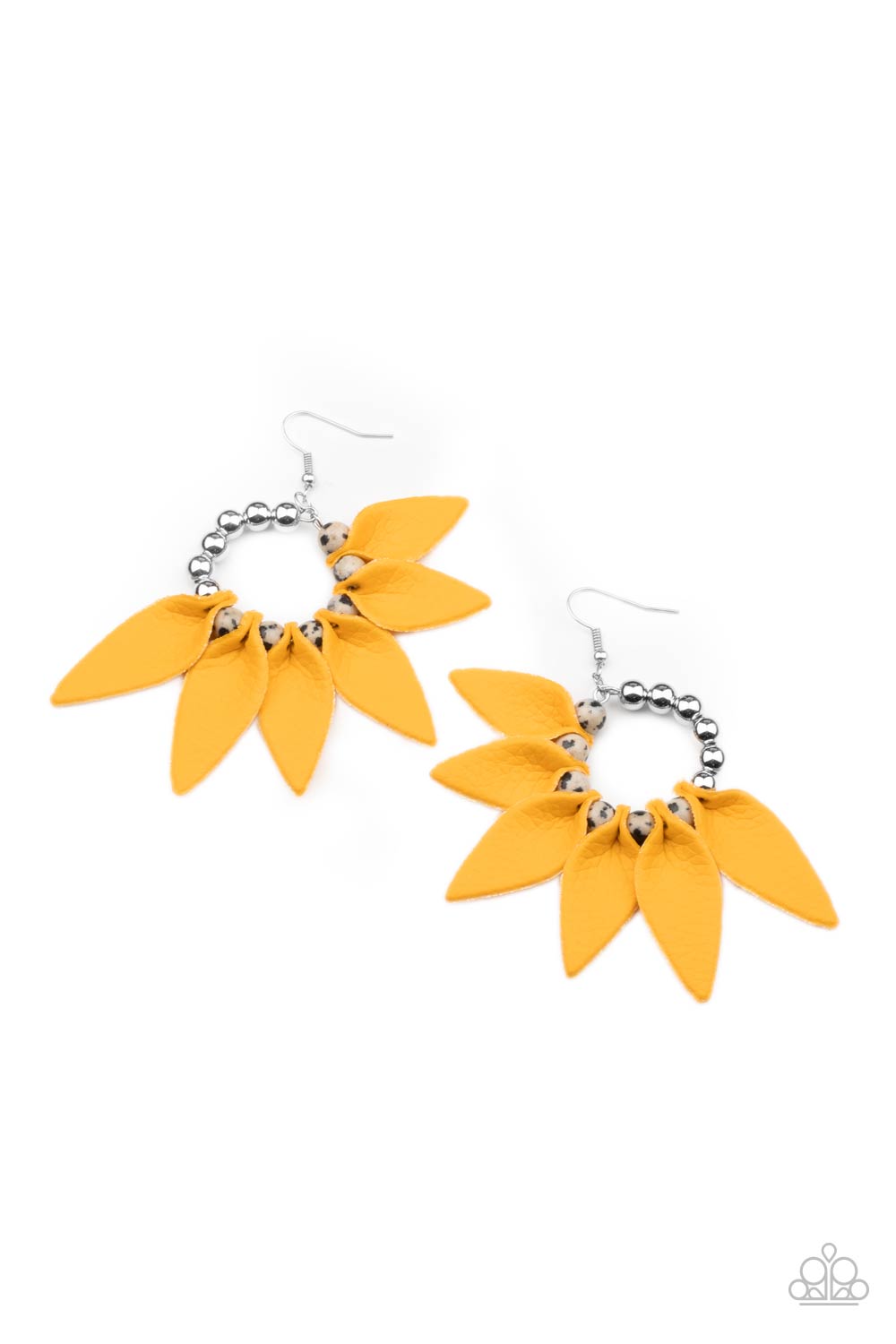 Flower Child Fever Yellow Leather Earrings - Paparazzi Accessories- lightbox - CarasShop.com - $5 Jewelry by Cara Jewels