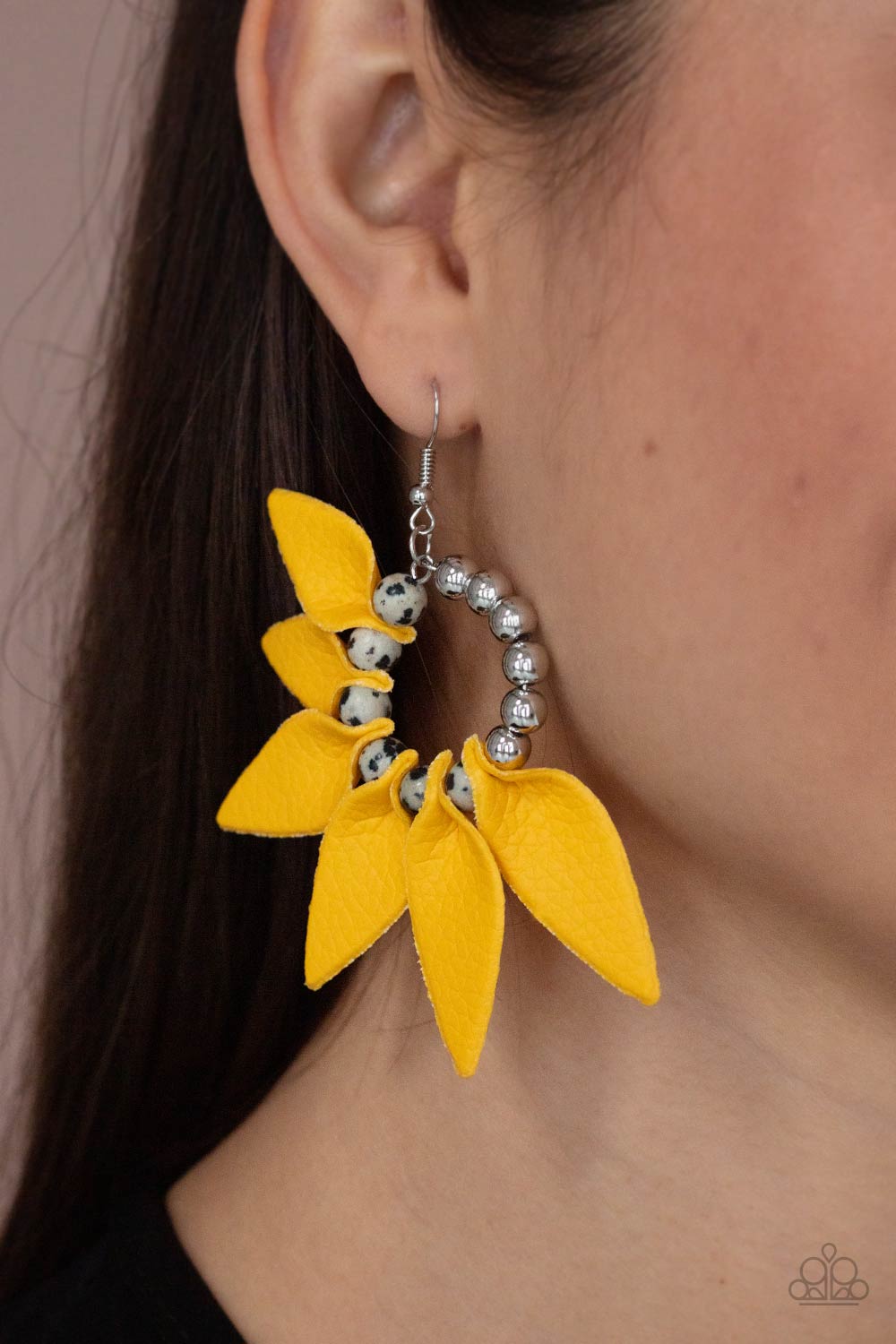 Flower Child Fever Yellow Leather Earrings - Paparazzi Accessories- model - CarasShop.com - $5 Jewelry by Cara Jewels