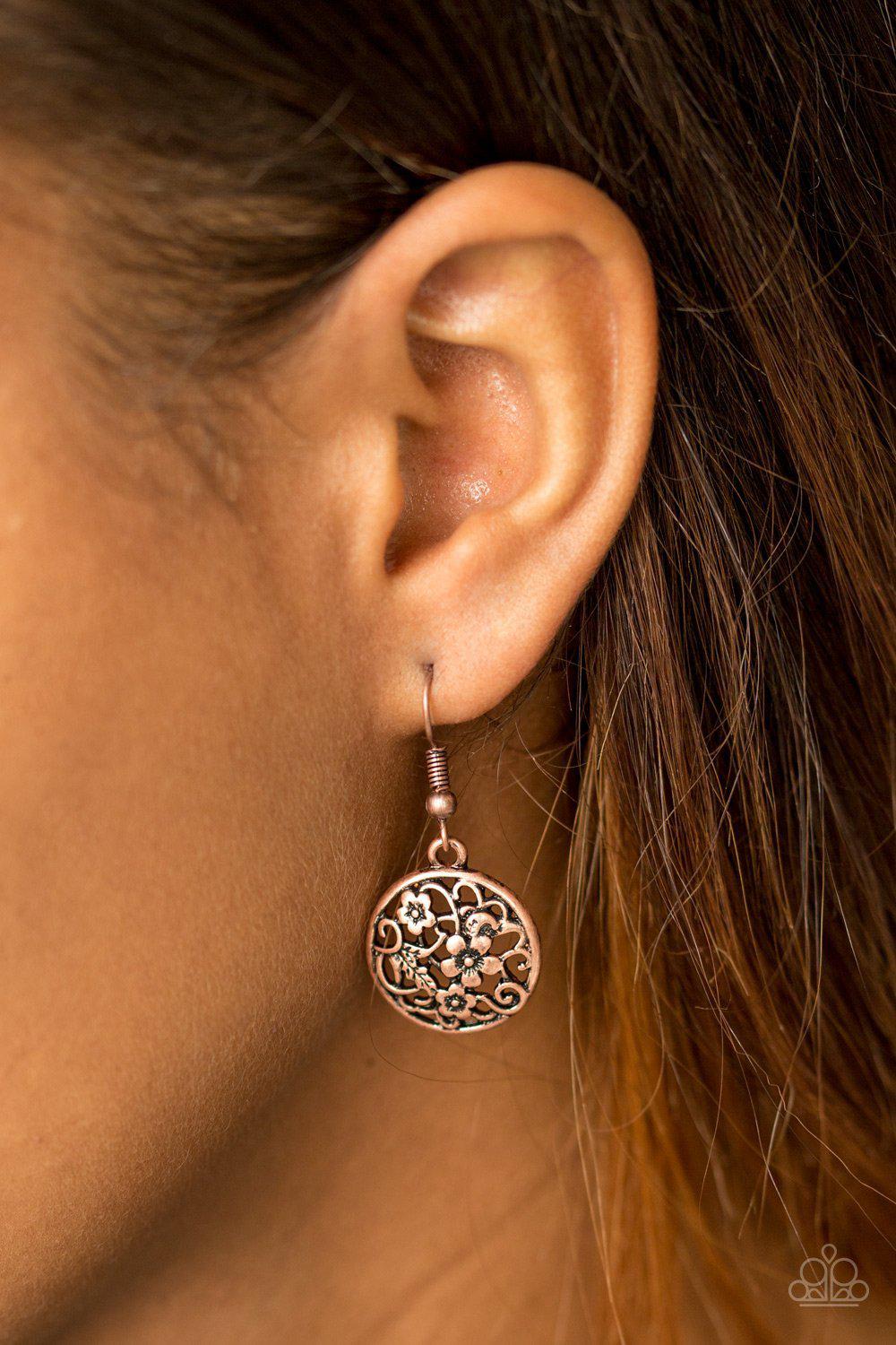 Flower Patch Perfection Copper Earrings - Paparazzi Accessories-CarasShop.com - $5 Jewelry by Cara Jewels
