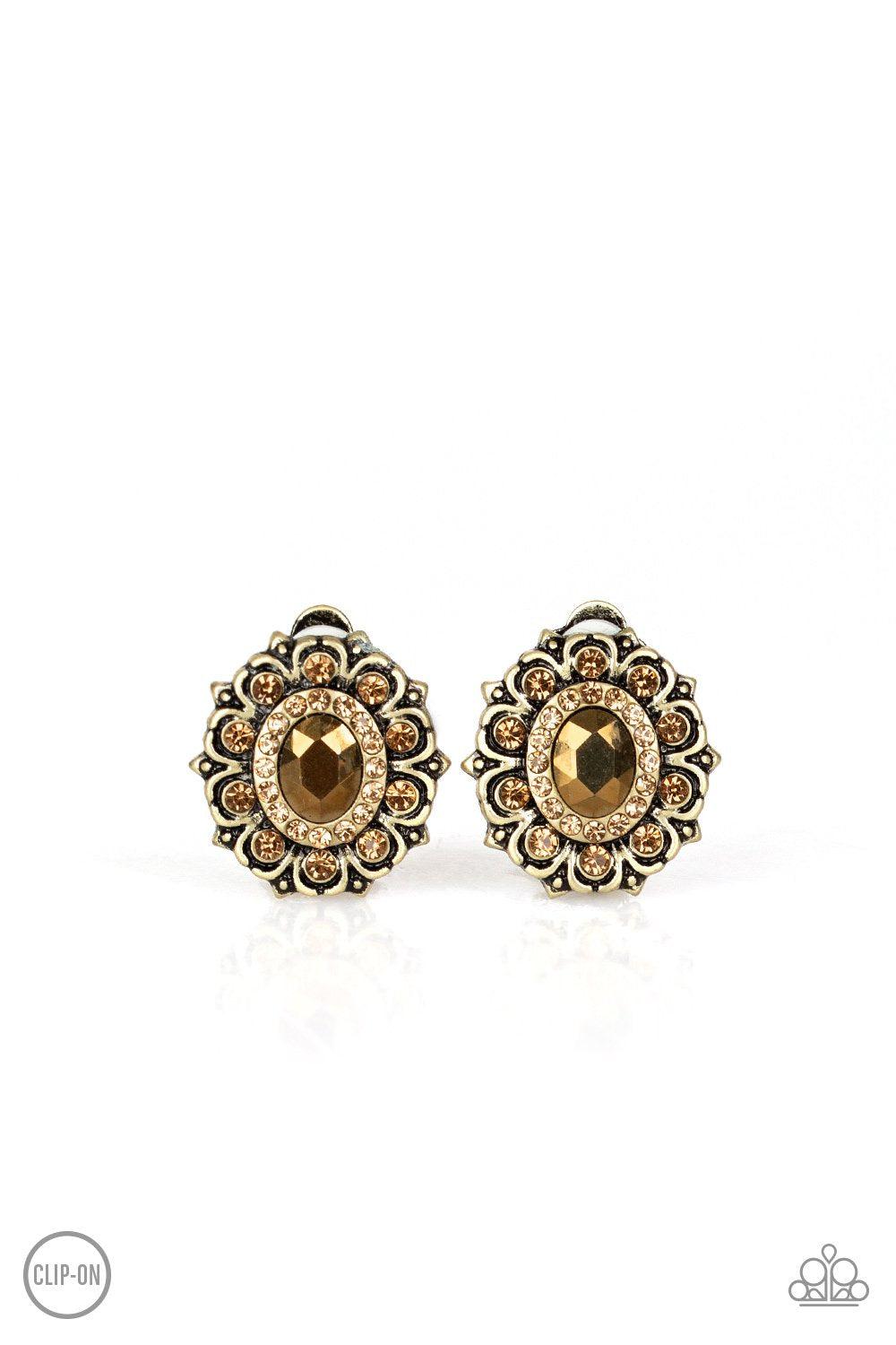 Flowering Dazzle Brass Clip-On Earrings - Paparazzi Accessories - lightbox -CarasShop.com - $5 Jewelry by Cara Jewels