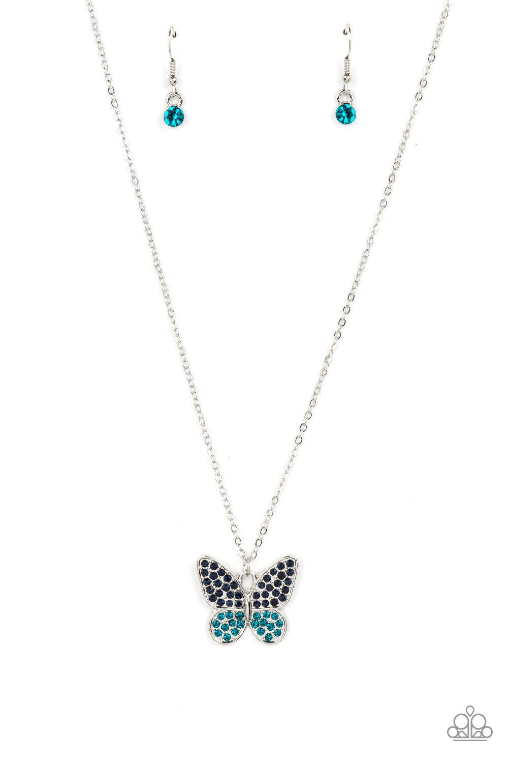 Flutter Forte Blue Rhinestone Butterfly Necklace - Paparazzi Accessories- lightbox - CarasShop.com - $5 Jewelry by Cara Jewels