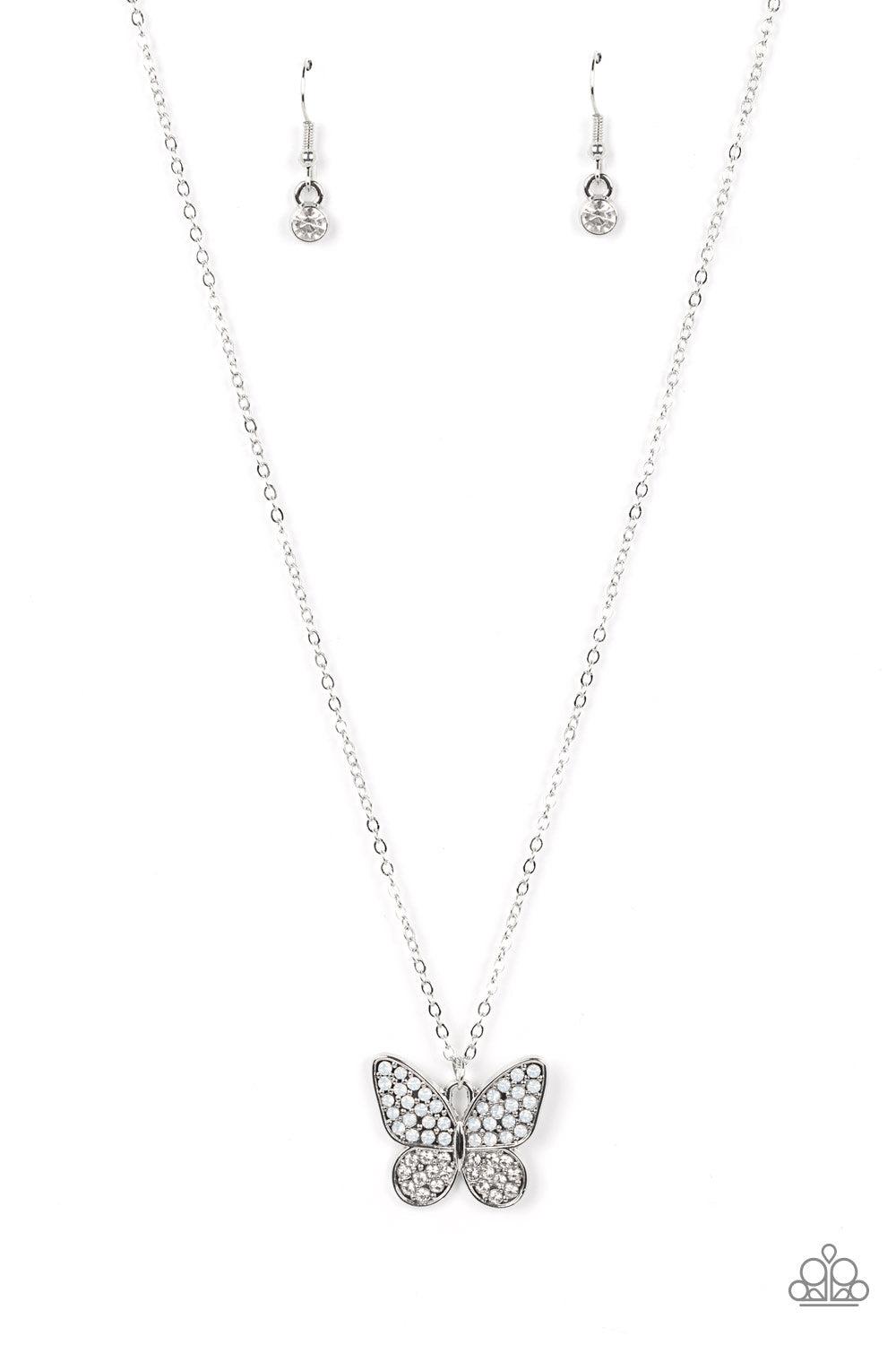 Flutter Forte White Rhinestone Butterfly Necklace - Paparazzi Accessories- lightbox - CarasShop.com - $5 Jewelry by Cara Jewels