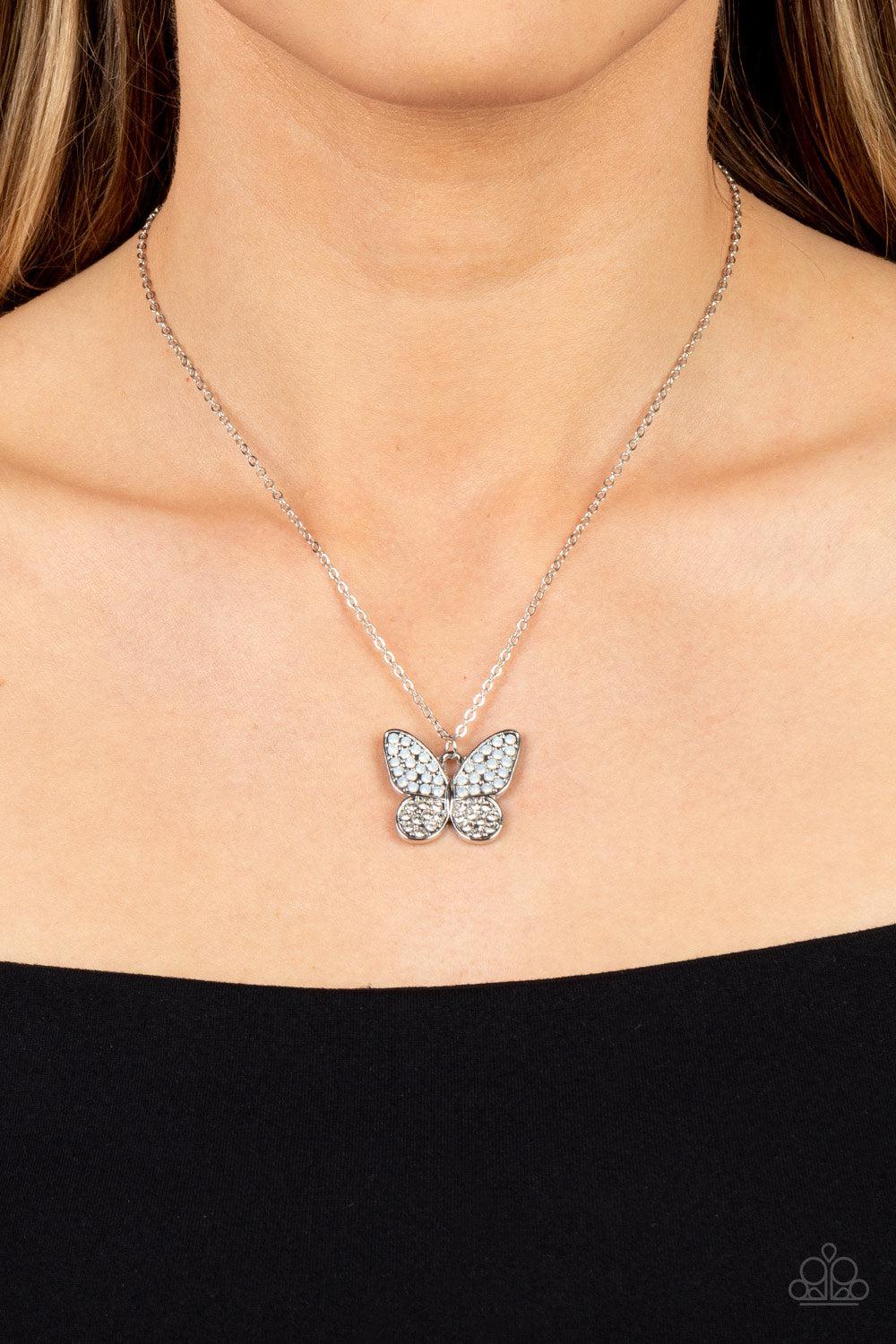 Flutter Forte White Rhinestone Butterfly Necklace - Paparazzi Accessories-on model - CarasShop.com - $5 Jewelry by Cara Jewels