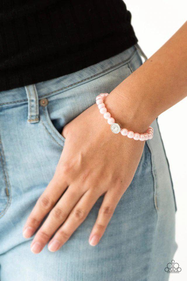 Follow My Lead Pink Pearl Bracelet - Paparazzi Accessories-on model - CarasShop.com - $5 Jewelry by Cara Jewels