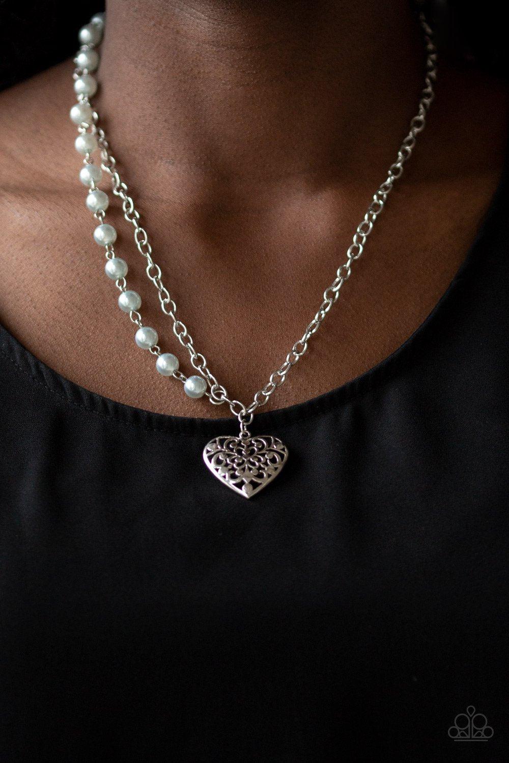 Forever In My Heart Silver Pearl and Heart Necklace - Paparazzi Accessories - model -CarasShop.com - $5 Jewelry by Cara Jewels