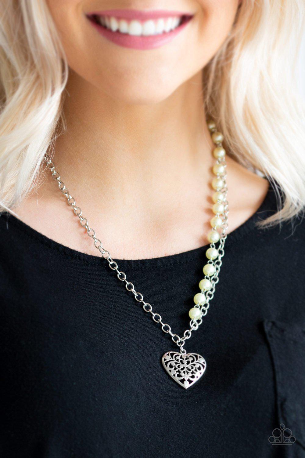 Forever In My Heart Yellow and Silver Heart Necklace - Paparazzi Accessories-CarasShop.com - $5 Jewelry by Cara Jewels