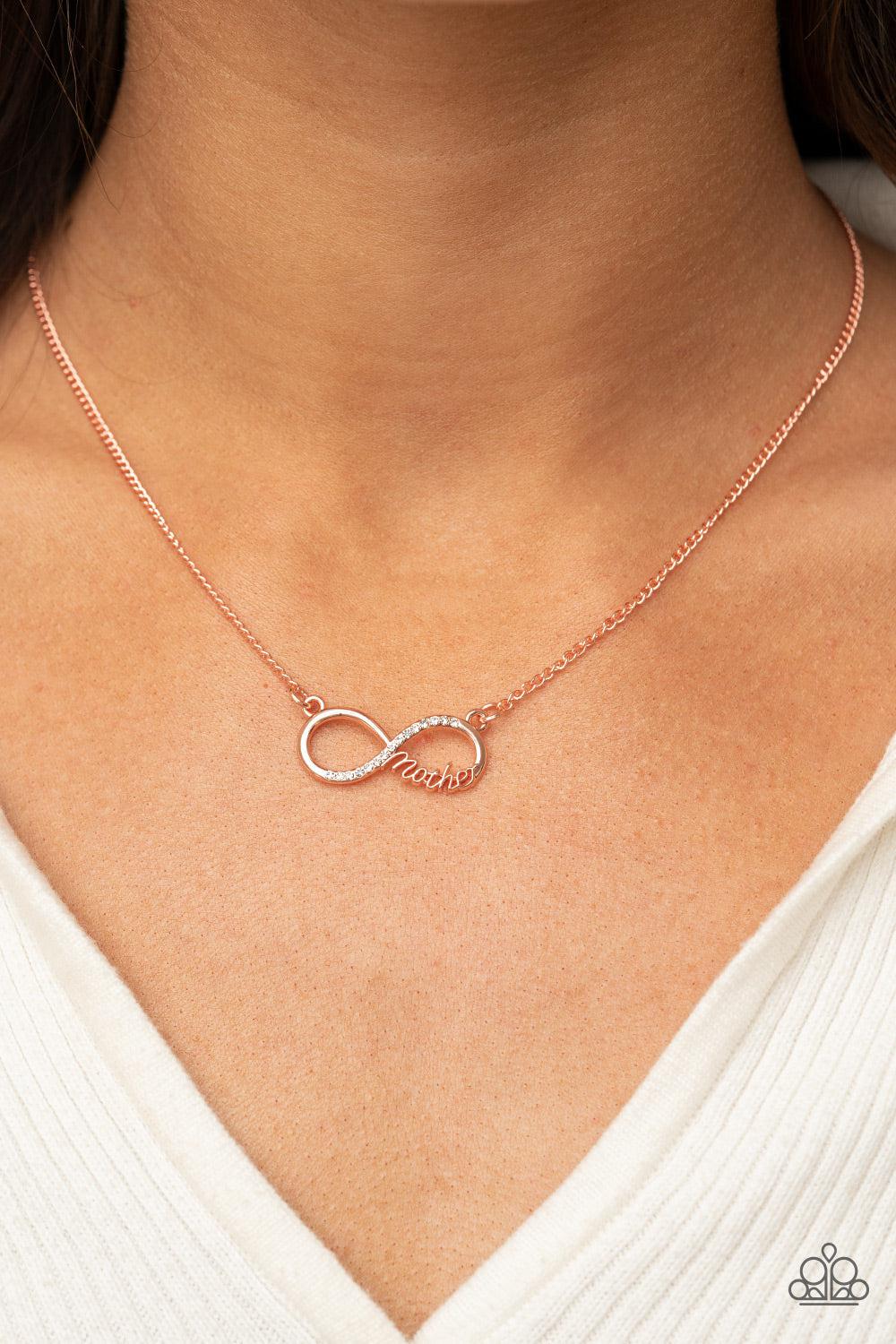 Forever Your Mom Copper Infinity Necklace - Paparazzi Accessories-on model - CarasShop.com - $5 Jewelry by Cara Jewels