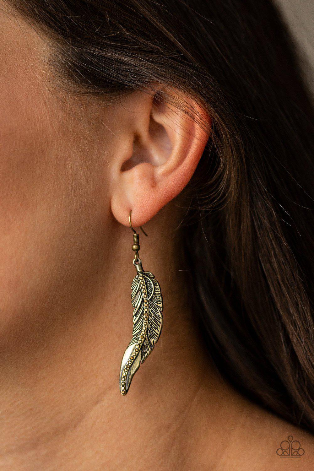 FOWL Play Brass Feather Earrings - Paparazzi Accessories - model -CarasShop.com - $5 Jewelry by Cara Jewels