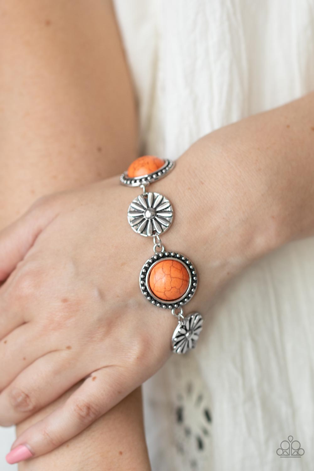 Fredonia Flower Patch Orange Stone Bracelet - Paparazzi Accessories-on model - CarasShop.com - $5 Jewelry by Cara Jewels