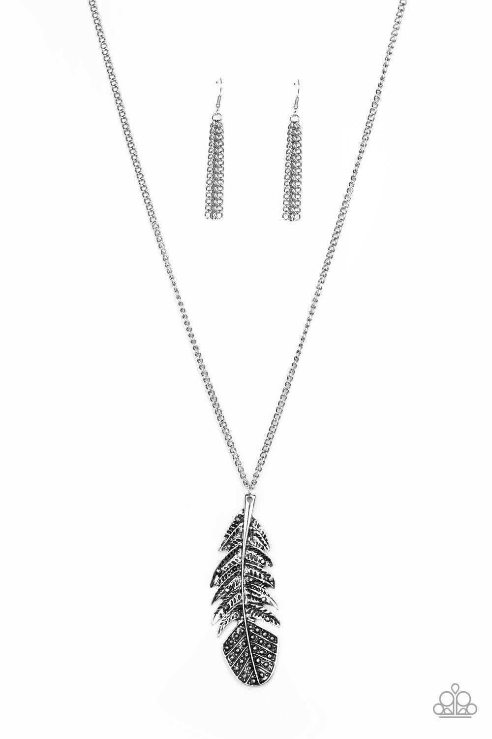 Free Bird Silver Feather Necklace - Paparazzi Accessories-CarasShop.com - $5 Jewelry by Cara Jewels