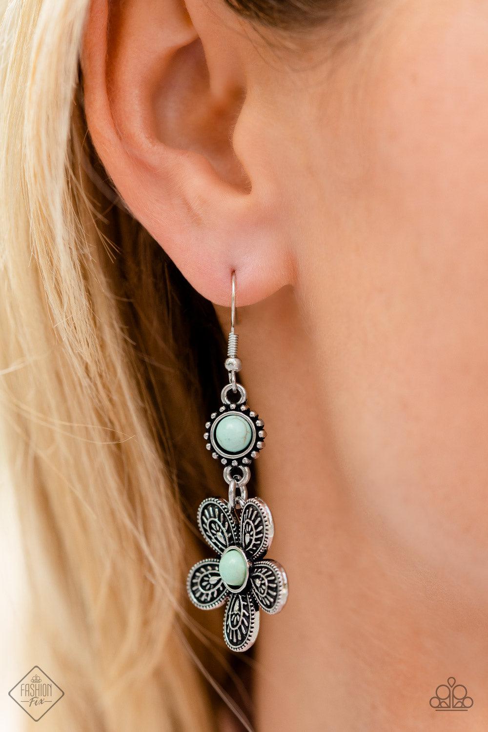 Free-Spirited Flourish Blue Stone Flower Earrings - Paparazzi Accessories-on model - CarasShop.com - $5 Jewelry by Cara Jewels