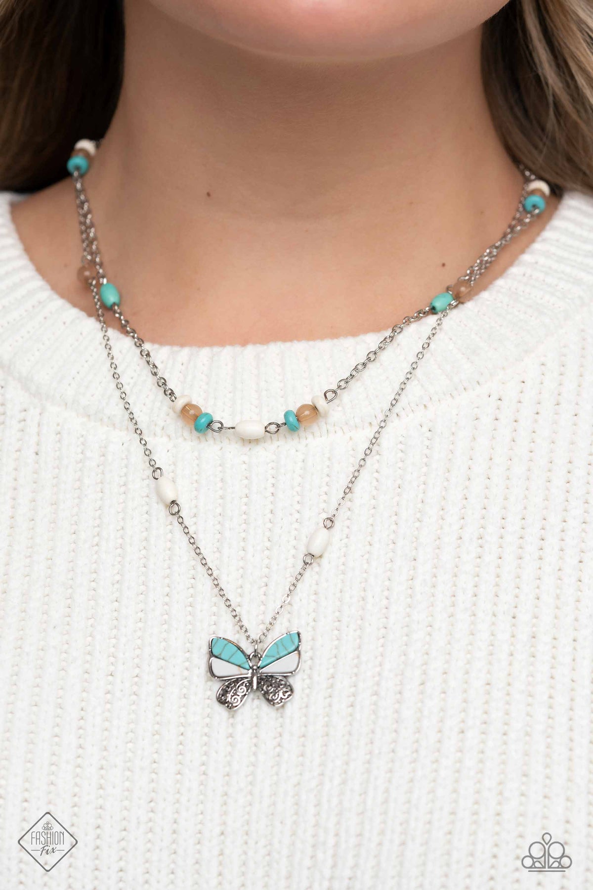 Free-Spirited Flutter Turquoise Blue Stone Butterfly Necklace - Paparazzi Accessories-on model - CarasShop.com - $5 Jewelry by Cara Jewels