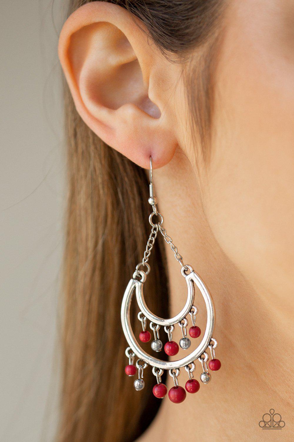 Free-Spirited Spirit Red and Silver Earrings - Paparazzi Accessories - model -CarasShop.com - $5 Jewelry by Cara Jewels