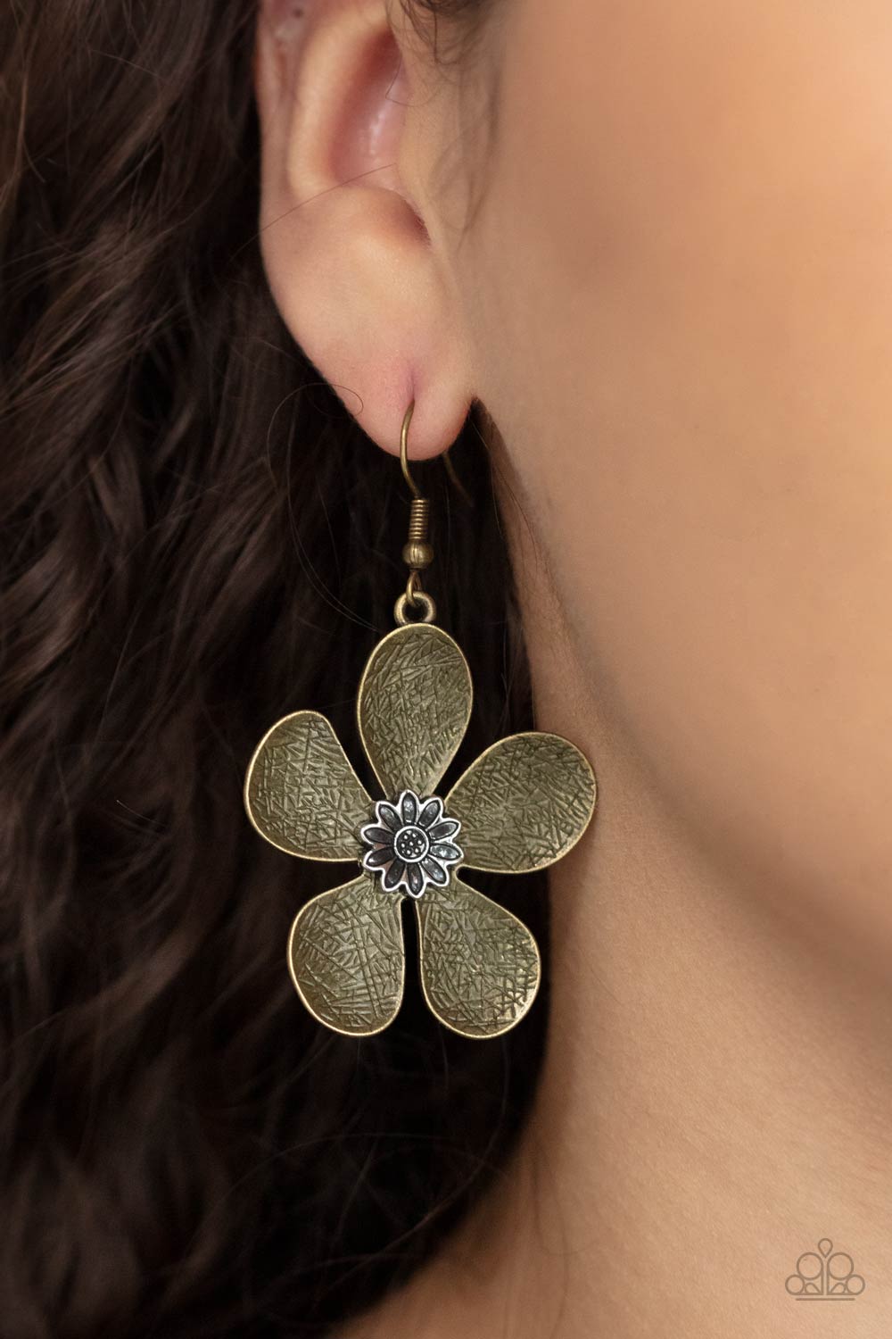 Fresh Florals Brass Flower Earrings - Paparazzi Accessories- model - CarasShop.com - $5 Jewelry by Cara Jewels