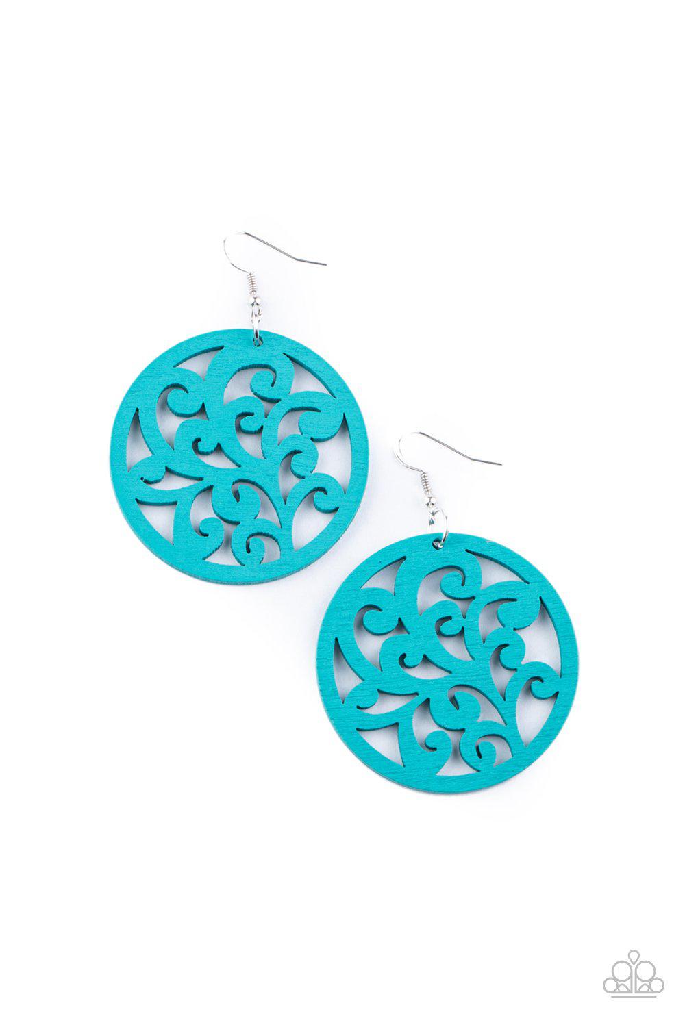 Fresh Off The Vine Blue Wood Filigree Earrings - Paparazzi Accessories - lightbox -CarasShop.com - $5 Jewelry by Cara Jewels