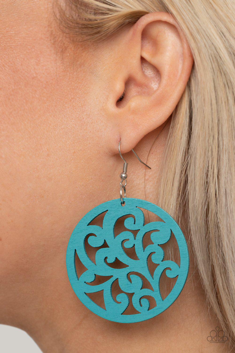 Fresh Off The Vine Blue Wood Filigree Earrings - Paparazzi Accessories - model -CarasShop.com - $5 Jewelry by Cara Jewels